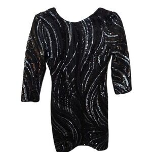 Express Black Silver Sequin Swirl V-Back Bodycon Mini Dress 3/4 Sleeve